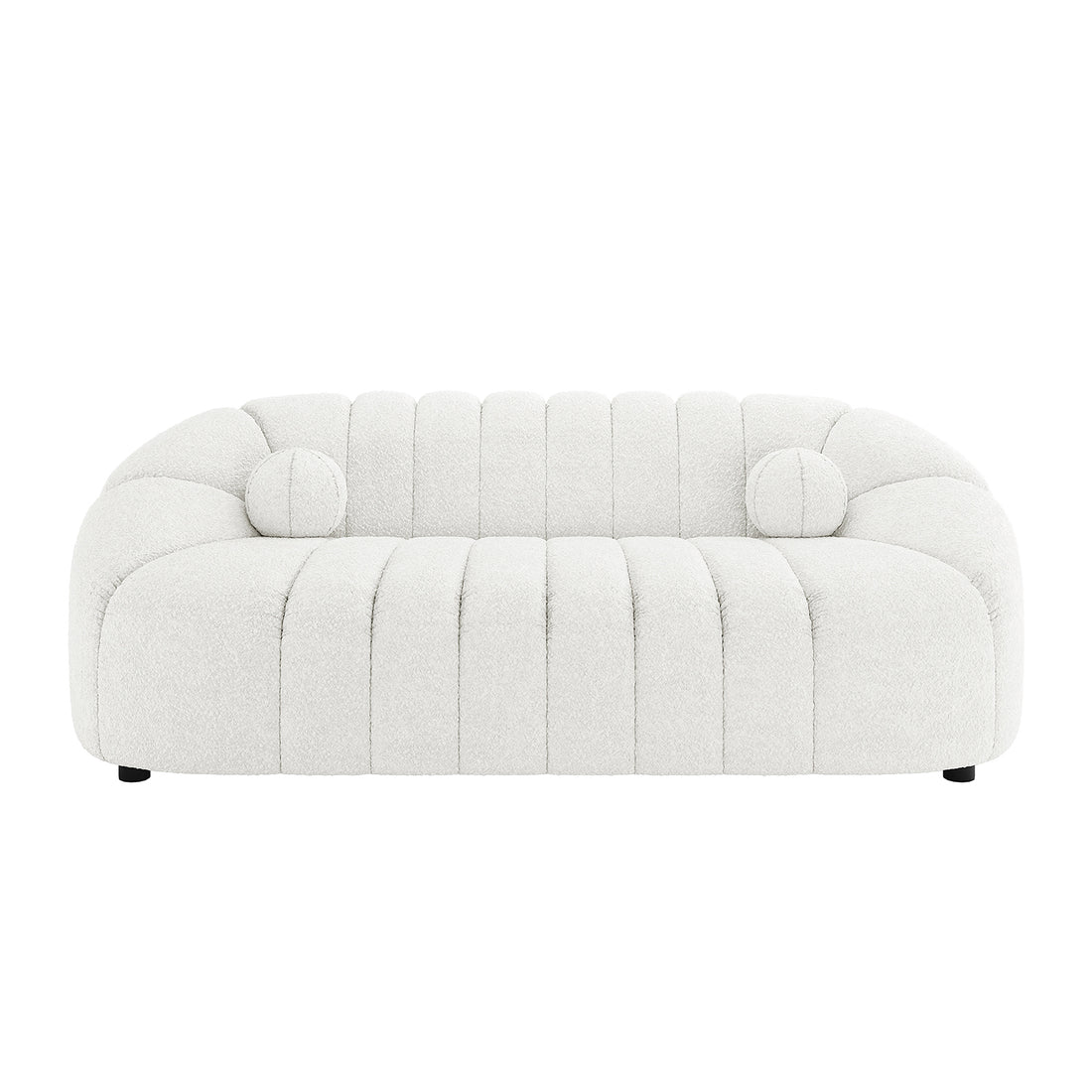 Trina 3 Seater Boucle Sofa with Pillows in Cream White features a modern design with curved arms, vertical channel tufting, and includes matching round bolster pillows, all on discreet black feet.