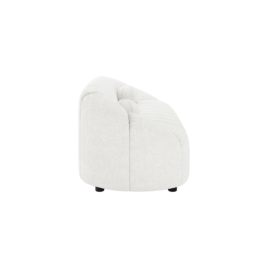 Trina 3 Seater Boucle Sofa with Pillows in Cream White features a low-profile, curved design with tufted back and seat, rounded edges, and short black cylindrical feet, showcasing modern, plush elegance.
