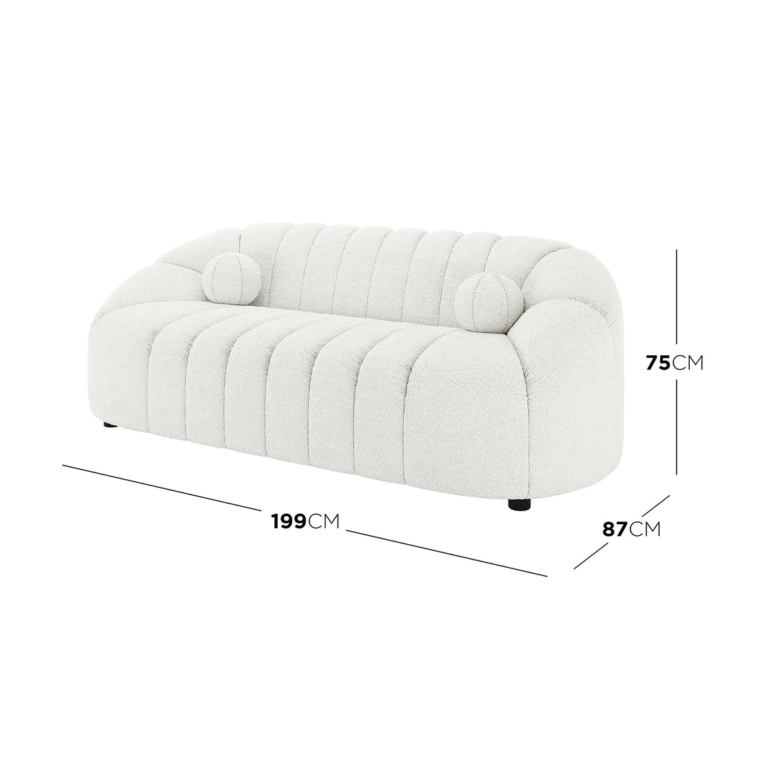 Trina 3 Seater Boucle Sofa with Ball Pillows features a sleek, modern design with plush seating and decorative ball pillows, highlighting its luxurious cream-white boucle upholstery, enhancing any stylish living space.
