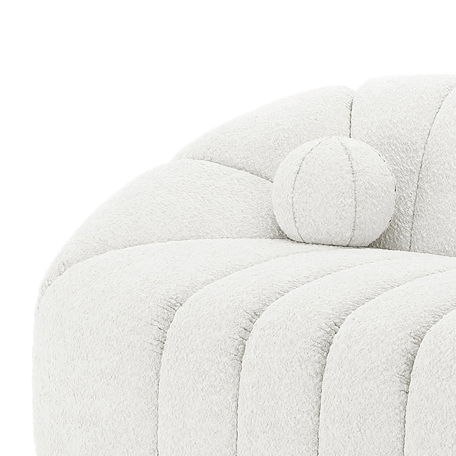 Trina 3 Seater Boucle Sofa with Pillows in Cream White features plush bouclé upholstery, vertical channel tufting, and a matching bolster pillow, combining modern elegance with comfort and durability.