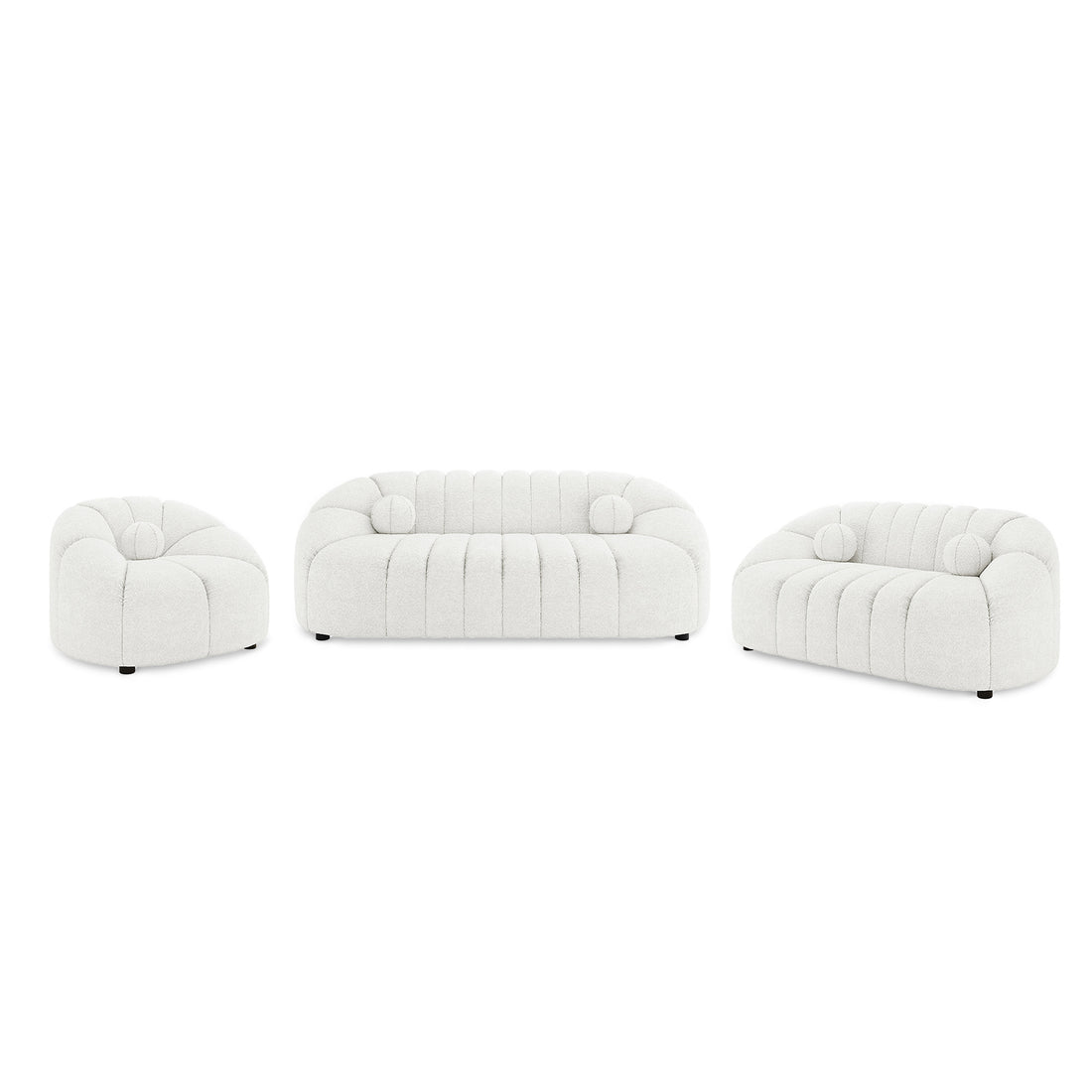 Trina 6 Seater Boucle Sofa Set with Pillows in Cream White, featuring a rounded club chair, loveseat, and three-seat sofa with pillowy, channel-tufted design and short black feet against a plain backdrop.