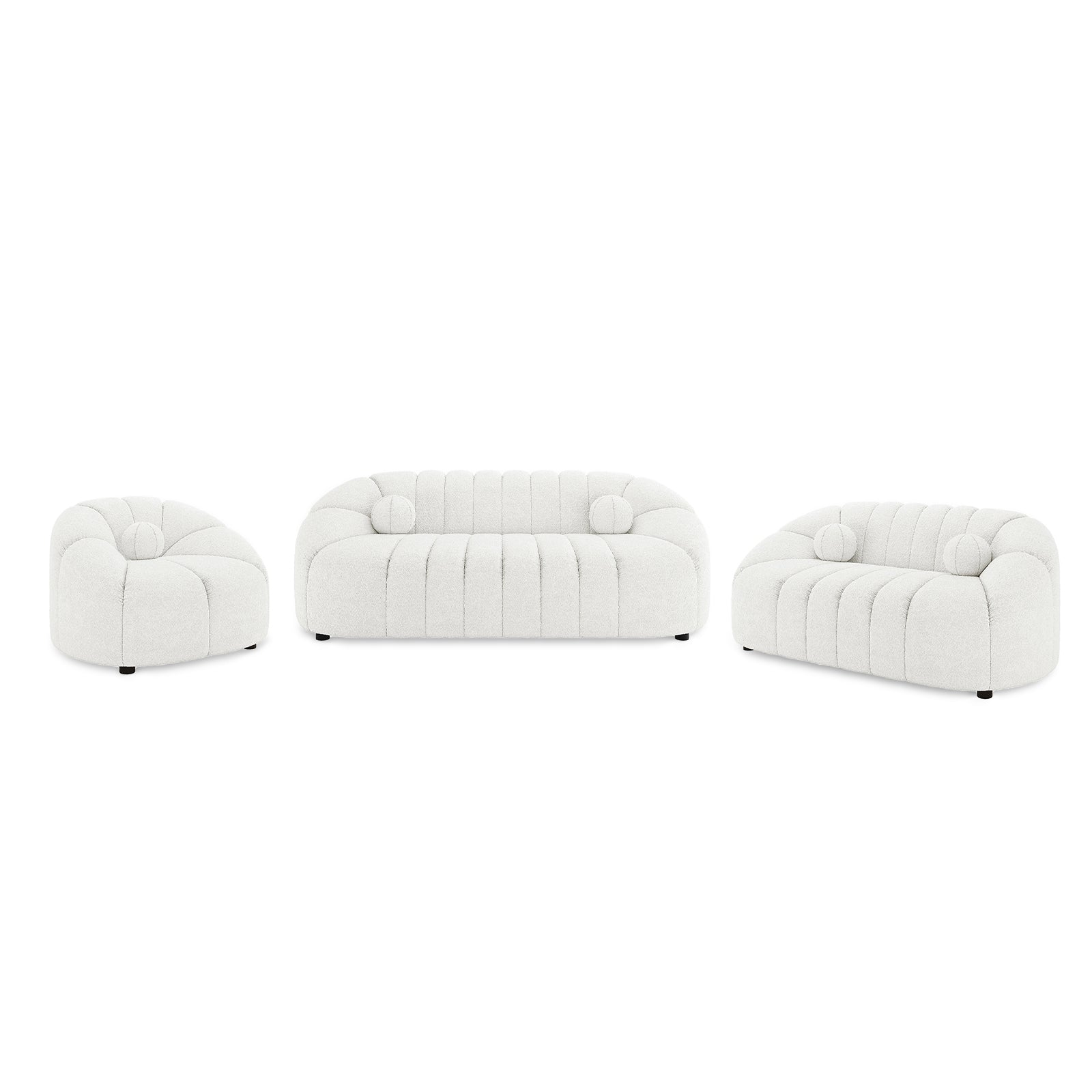 Trina 6 Seater Boucle Sofa Set with Pillows in Cream White, featuring a rounded club chair, loveseat, and three-seat sofa with pillowy, channel-tufted design and short black feet against a plain backdrop.