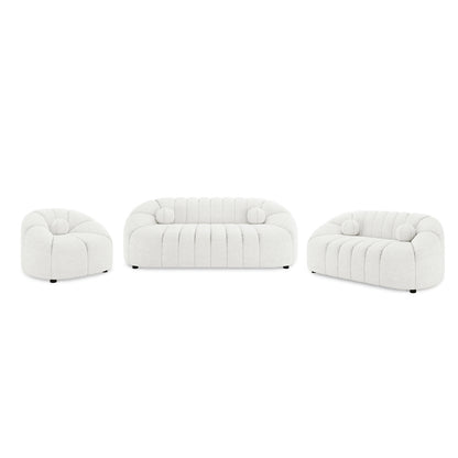 Trina 6 Seater Boucle Sofa Set with Pillows in Cream White, featuring a rounded club chair, loveseat, and three-seat sofa with pillowy, channel-tufted design and short black feet against a plain backdrop.
