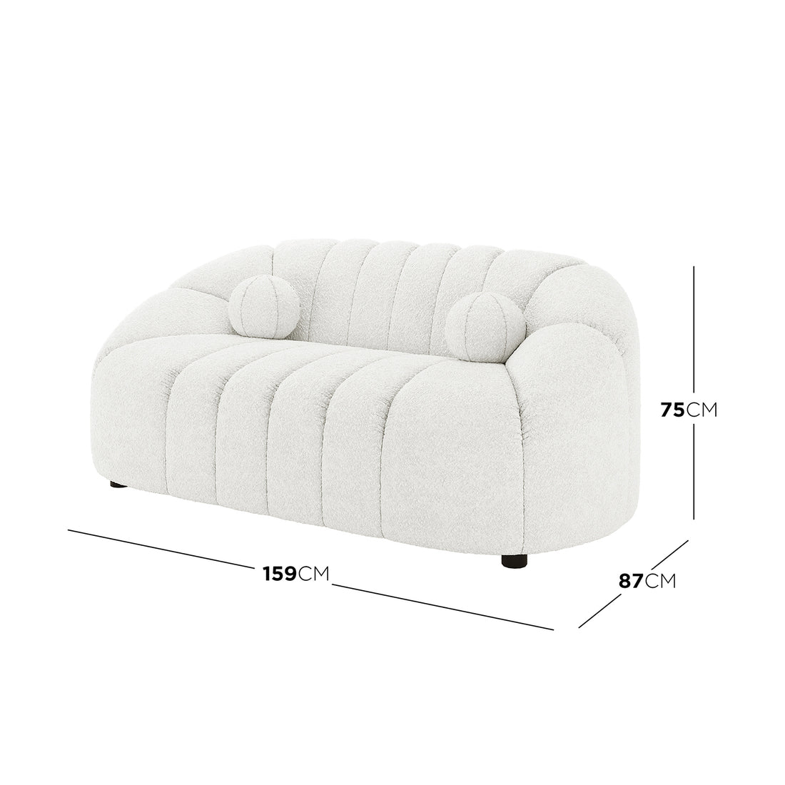 Trina 6 Seater Boucle Sofa Set with Pillows in Cream White features a modern, rounded two-seat sofa with channel-tufted upholstery and matching bolster pillows, measuring 159 cm wide, 87 cm deep, and 75 cm high.
