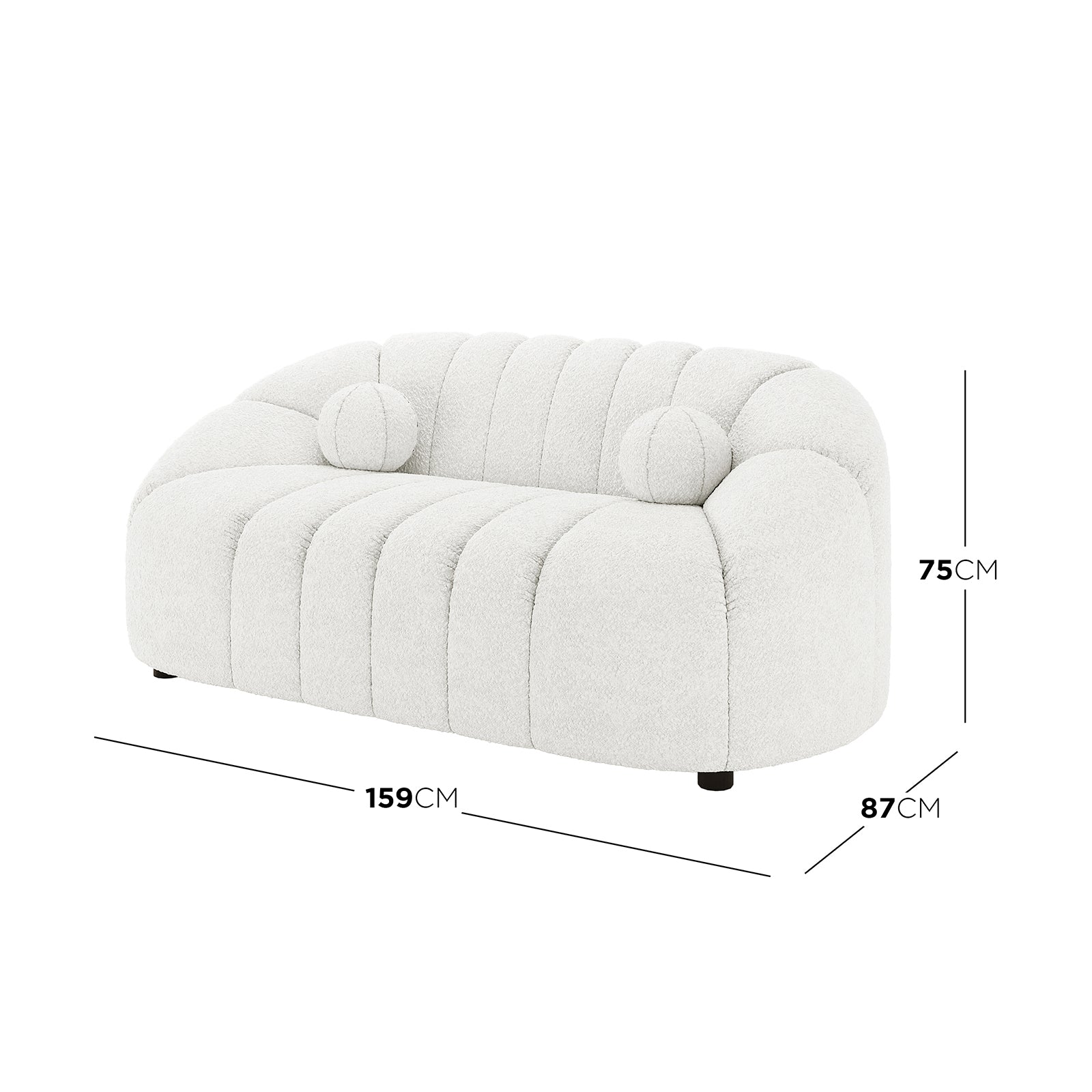 Trina 6 Seater Boucle Sofa Set with Pillows in Cream White features a modern, rounded two-seat sofa with channel-tufted upholstery and matching bolster pillows, measuring 159 cm wide, 87 cm deep, and 75 cm high.