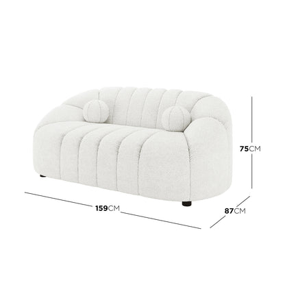 Trina 6 Seater Boucle Sofa Set with Pillows in Cream White features a modern, rounded two-seat sofa with channel-tufted upholstery and matching bolster pillows, measuring 159 cm wide, 87 cm deep, and 75 cm high.