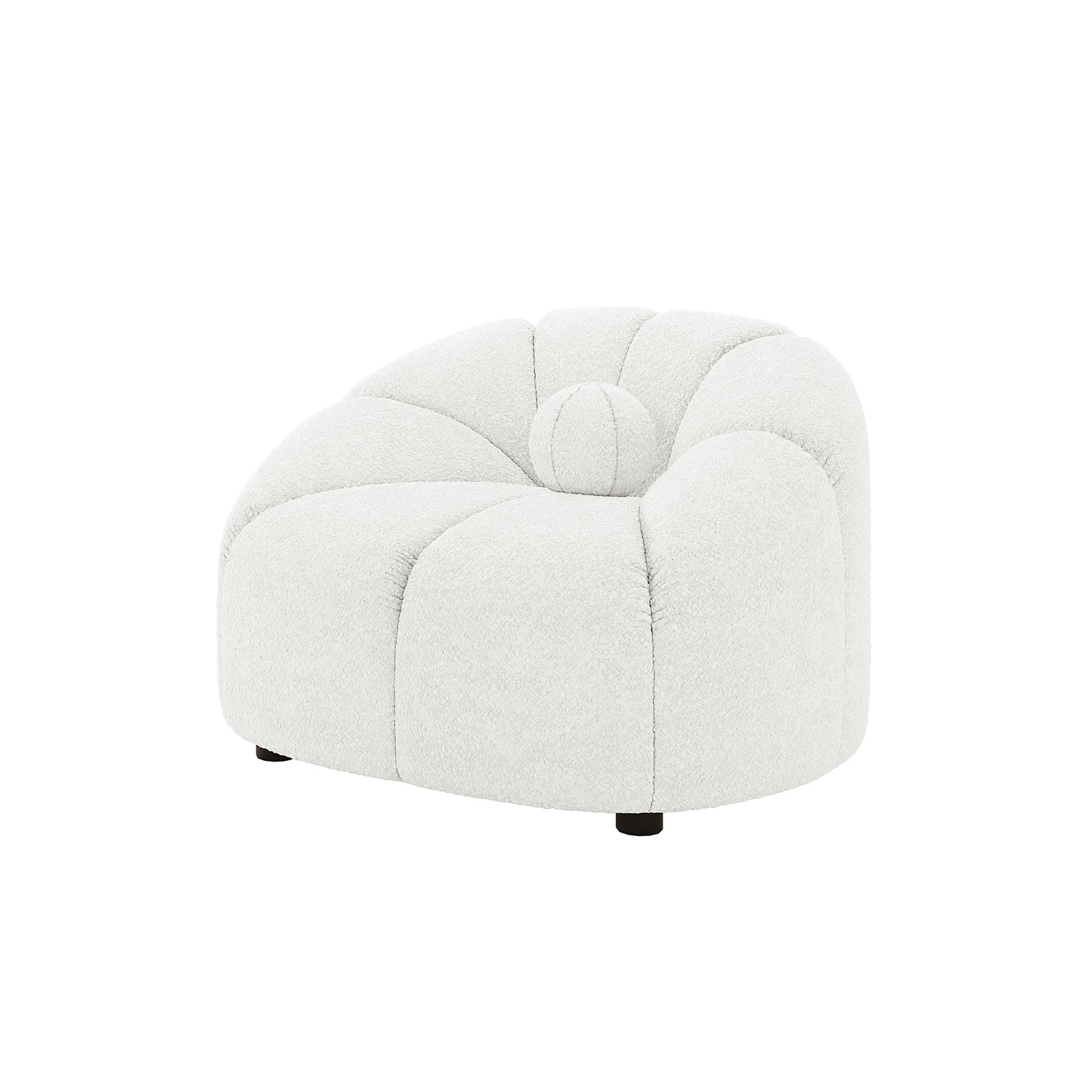 Trina 6 Seater Boucle Sofa Set with Pillows in Cream White showcases a low-slung lounge chair in light bouclé fabric, featuring a rounded, tufted seat, matching bolster cushion, and elegant design elements.