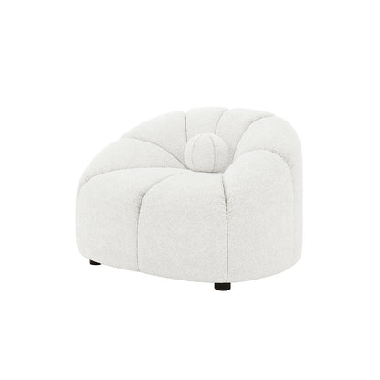 Trina 6 Seater Boucle Sofa Set with Pillows in Cream White showcases a low-slung lounge chair in light bouclé fabric, featuring a rounded, tufted seat, matching bolster cushion, and elegant design elements.
