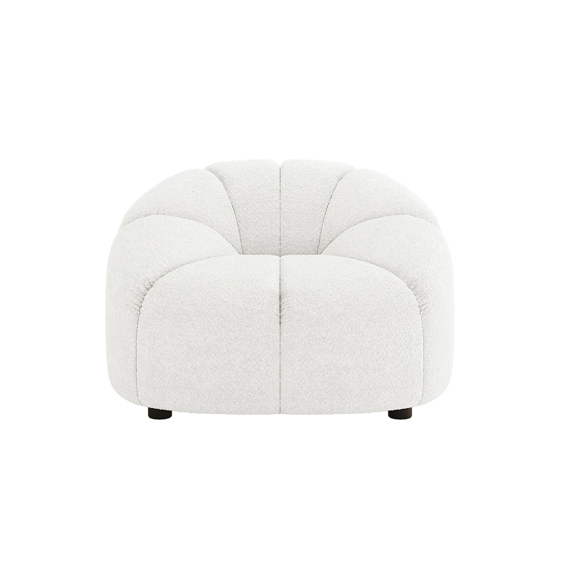 Trina 6 Seater Boucle Sofa Set features a low-sitting, single-seat lounge chair module in white boucle fabric, with rounded, petal-like cushion sections and discreet black feet, enhancing chic comfort.
