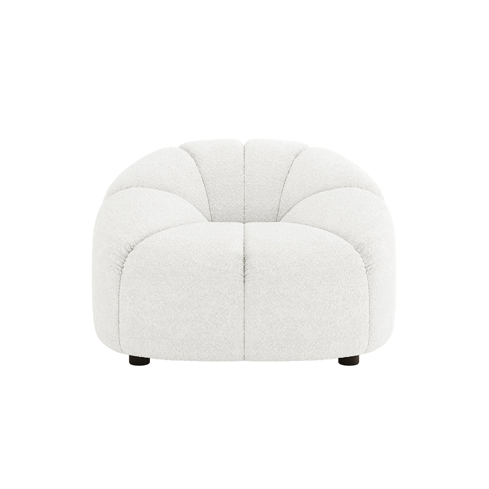 Trina 6 Seater Boucle Sofa Set features a low-sitting, single-seat lounge chair module in white boucle fabric, with rounded, petal-like cushion sections and discreet black feet, enhancing chic comfort.