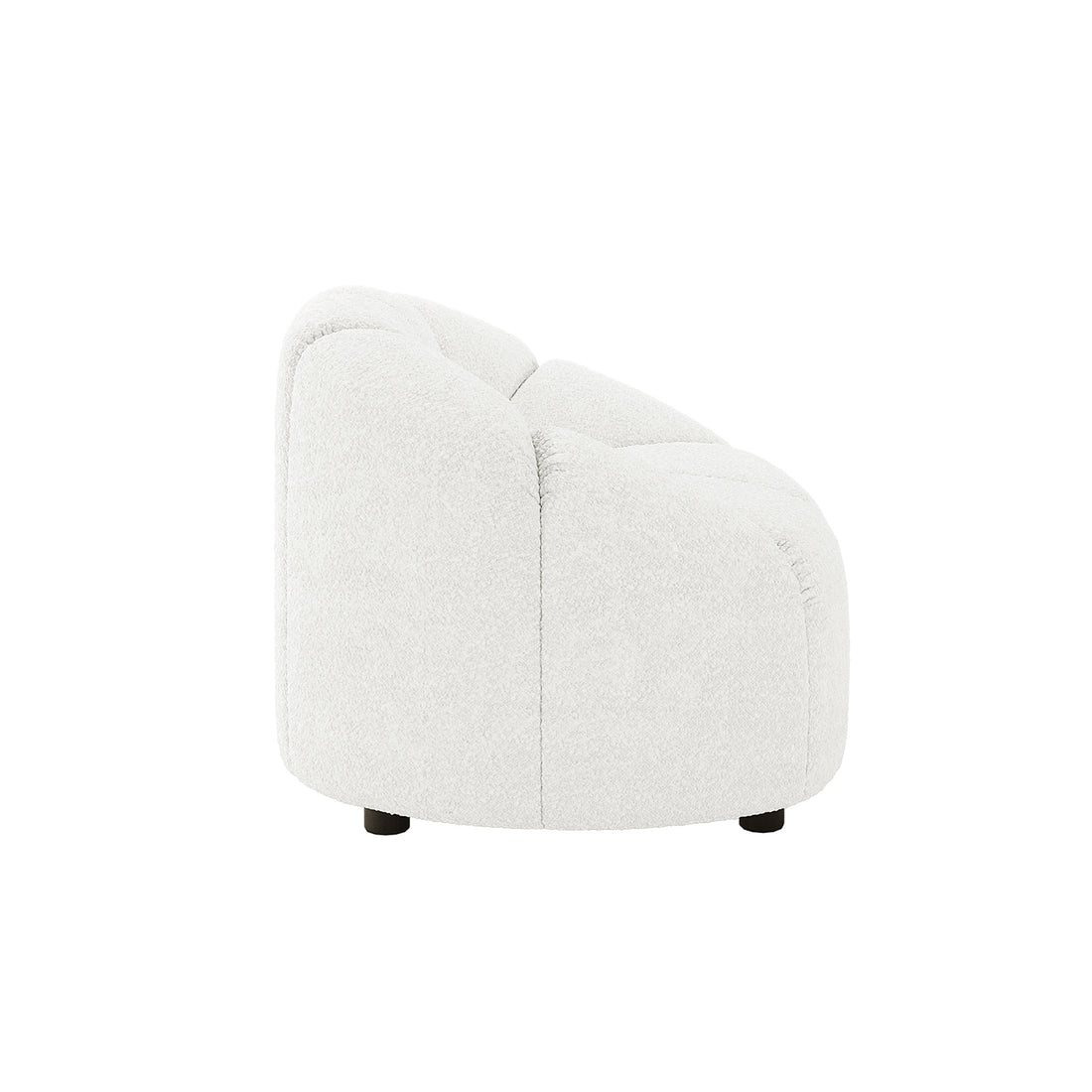 Trina 6 Seater Boucle Sofa Set with Pillows in Cream White features a low-slung lounge chair with white boucle fabric, rounded tufted back and seat, and small dark feet.