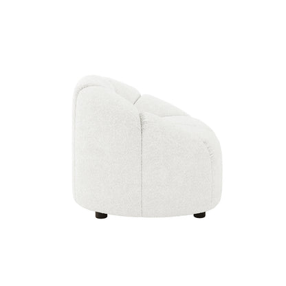 Trina 6 Seater Boucle Sofa Set with Pillows in Cream White features a low-slung lounge chair with white boucle fabric, rounded tufted back and seat, and small dark feet.
