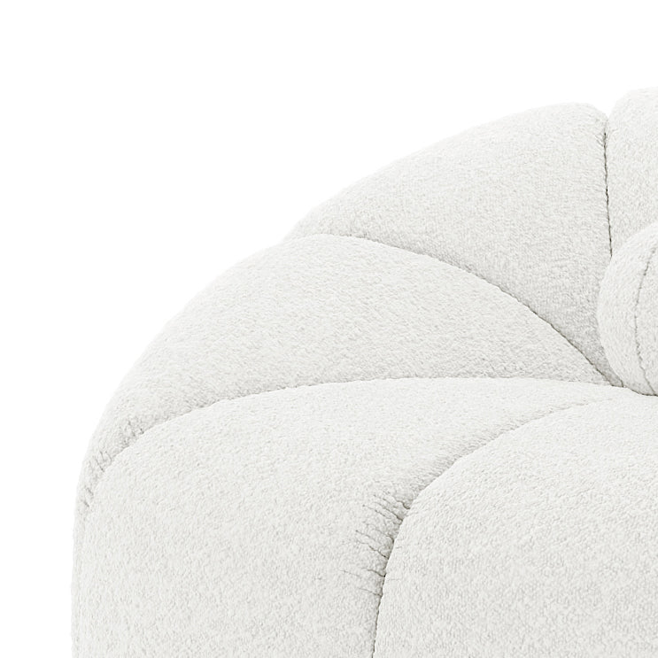 Trina 6 Seater Boucle Sofa Set with Pillows in Cream White features a plush, tufted, off-white boucle cushion, showcasing a cozy, cloud-like appearance, ideal for transforming any space into a chic oasis.