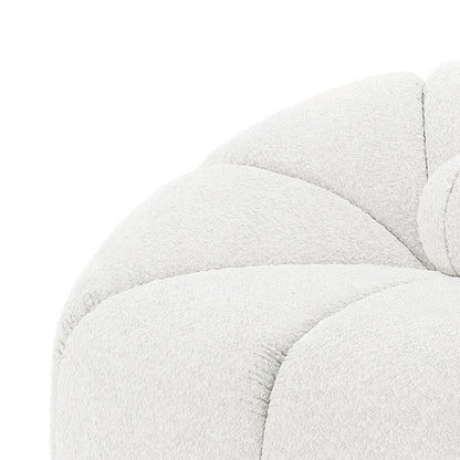 Trina 6 Seater Boucle Sofa Set with Pillows in Cream White features a plush, tufted, off-white boucle cushion, showcasing a cozy, cloud-like appearance, ideal for transforming any space into a chic oasis.