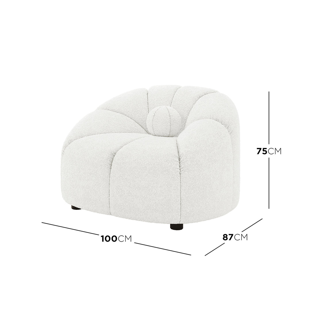 Trina 6 Seater Boucle Sofa Set with Pillows features a modern lounge chair with a rounded, petal-tufted design, boucle-style upholstery, and low black wooden legs. Dimensions: 100cm width, 87cm depth, 75cm height.