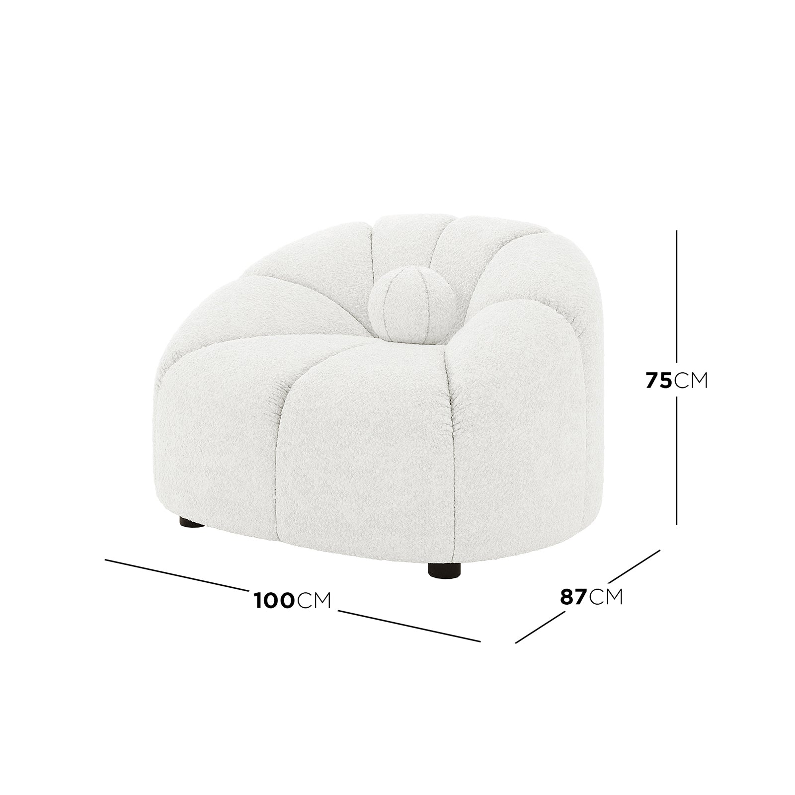 Trina 6 Seater Boucle Sofa Set with Pillows features a modern lounge chair with a rounded, petal-tufted design, boucle-style upholstery, and low black wooden legs. Dimensions: 100cm width, 87cm depth, 75cm height.