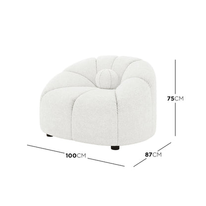 Trina 6 Seater Boucle Sofa Set with Pillows features a modern lounge chair with a rounded, petal-tufted design, boucle-style upholstery, and low black wooden legs. Dimensions: 100cm width, 87cm depth, 75cm height.