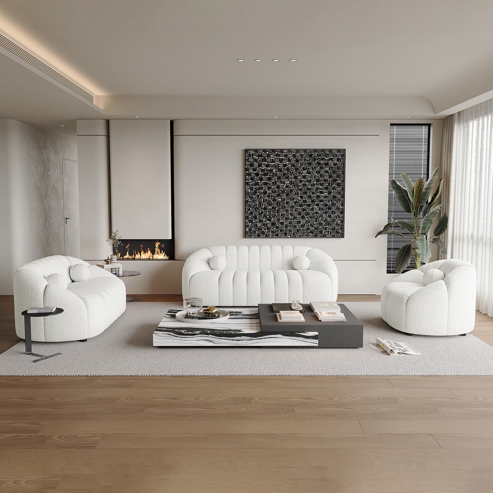 Trina 6 Seater Boucle Sofa Set with Pillows in Cream White features a sculptural design, soft boucle upholstery, and plush pillows, harmonizing with a minimalist living room setting.