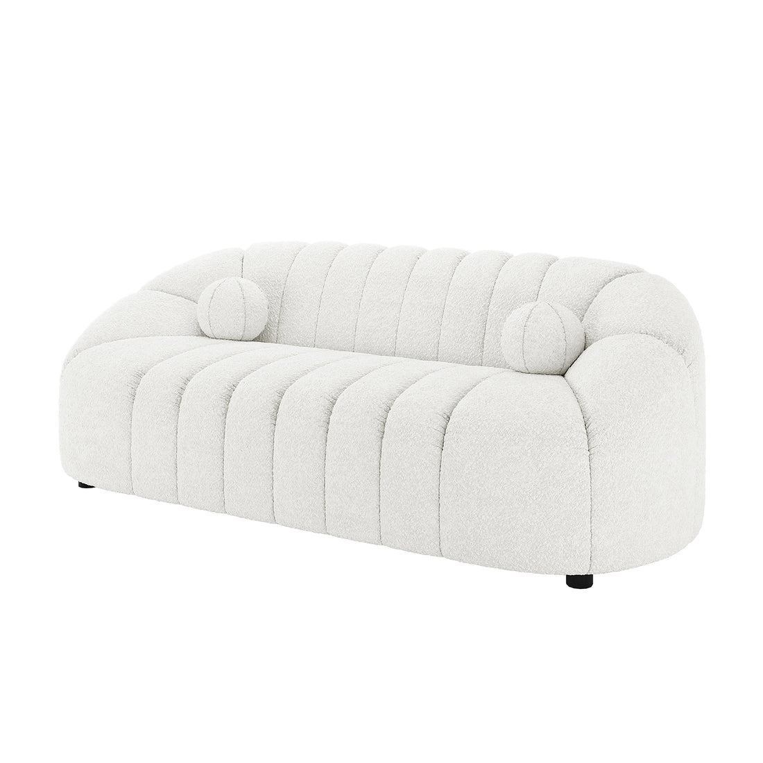 Trina 6 Seater Boucle Sofa Set with Pillows in Cream White features a modern, low-profile design with curved back and arms, channel-stitched tufting, and cylindrical bolster pillows, exuding chic elegance.