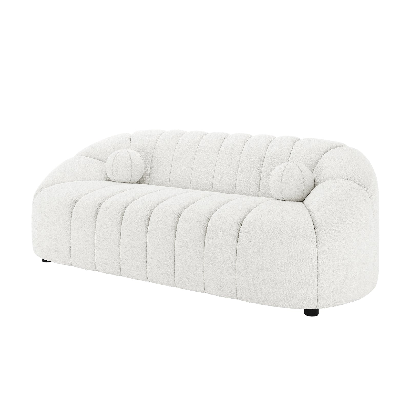 Trina 6 Seater Boucle Sofa Set with Pillows in Cream White features a modern, low-profile design with curved back and arms, channel-stitched tufting, and cylindrical bolster pillows, exuding chic elegance.