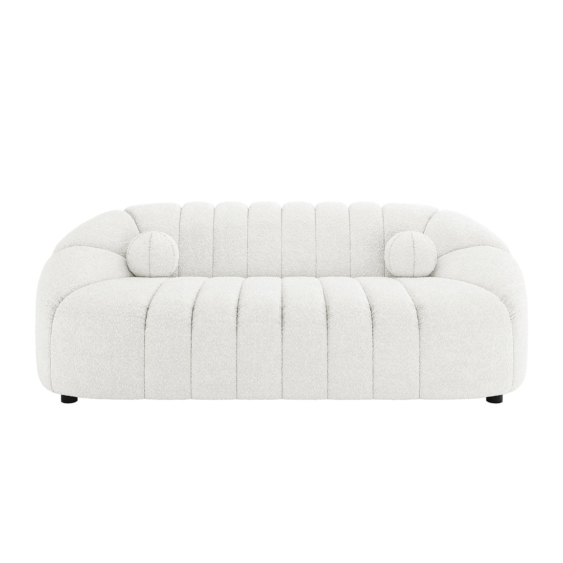 Trina 6 Seater Boucle Sofa Set with Pillows in Cream White, featuring low-slung design, deep vertical channel tufting, rounded arms, and matching round bolster pillows, upholstered in textured bouclé fabric.