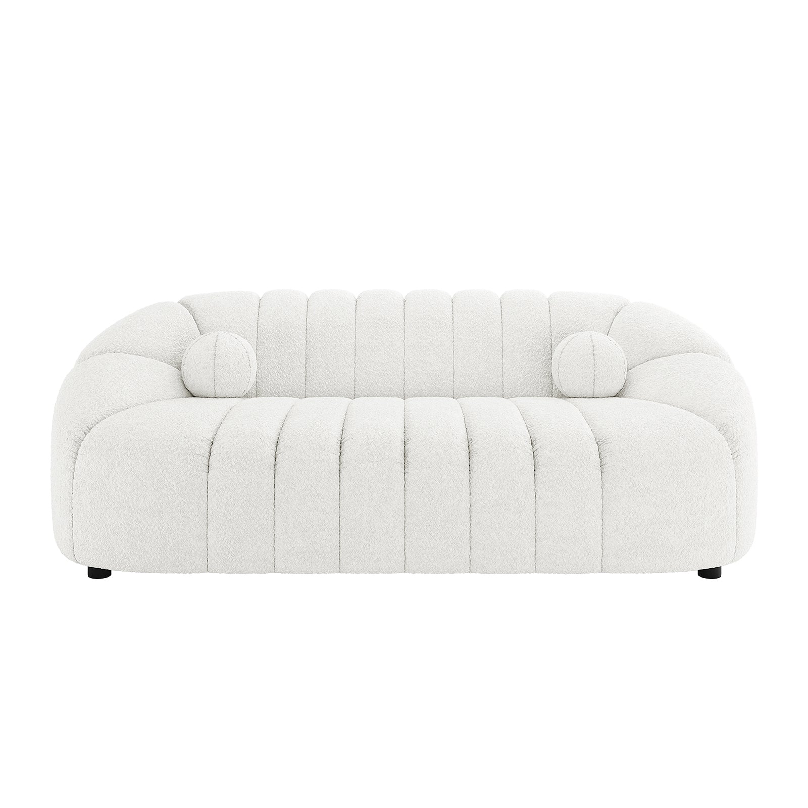 Trina 6 Seater Boucle Sofa Set with Pillows in Cream White, featuring low-slung design, deep vertical channel tufting, rounded arms, and matching round bolster pillows, upholstered in textured bouclé fabric.