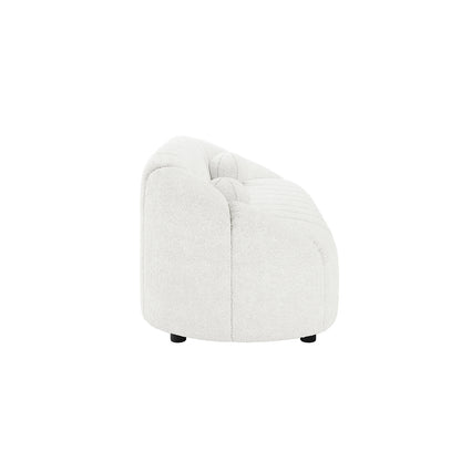 Trina 6 Seater Boucle Sofa Set with Pillows in Cream White featuring a low-profile, tufted, curved lounge chair module in soft white boucle fabric with modest black feet barely visible underneath.