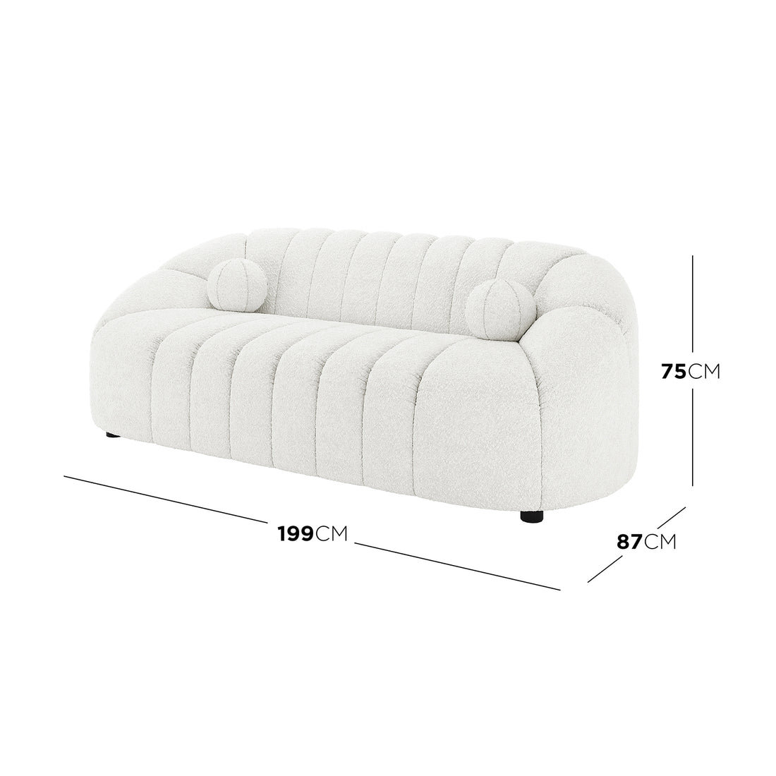 Trina 6 Seater Boucle Sofa Set with Pillows in Cream White features a modern design with rounded edges, vertical channel tufting, and short black legs. Includes matching cylindrical bolster pillows. Dimensions: 199 cm W x 87 cm D x 75 cm H.