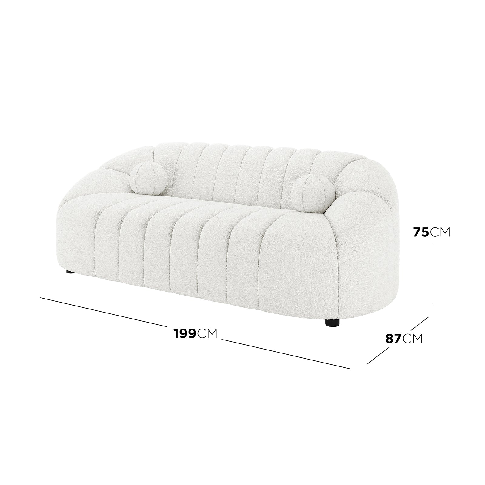 Trina 6 Seater Boucle Sofa Set with Pillows in Cream White features a modern design with rounded edges, vertical channel tufting, and short black legs. Includes matching cylindrical bolster pillows. Dimensions: 199 cm W x 87 cm D x 75 cm H.