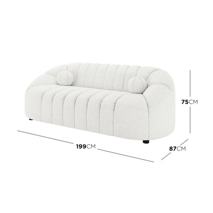 Trina 6 Seater Boucle Sofa Set with Pillows in Cream White features a modern design with rounded edges, vertical channel tufting, and short black legs. Includes matching cylindrical bolster pillows. Dimensions: 199 cm W x 87 cm D x 75 cm H.