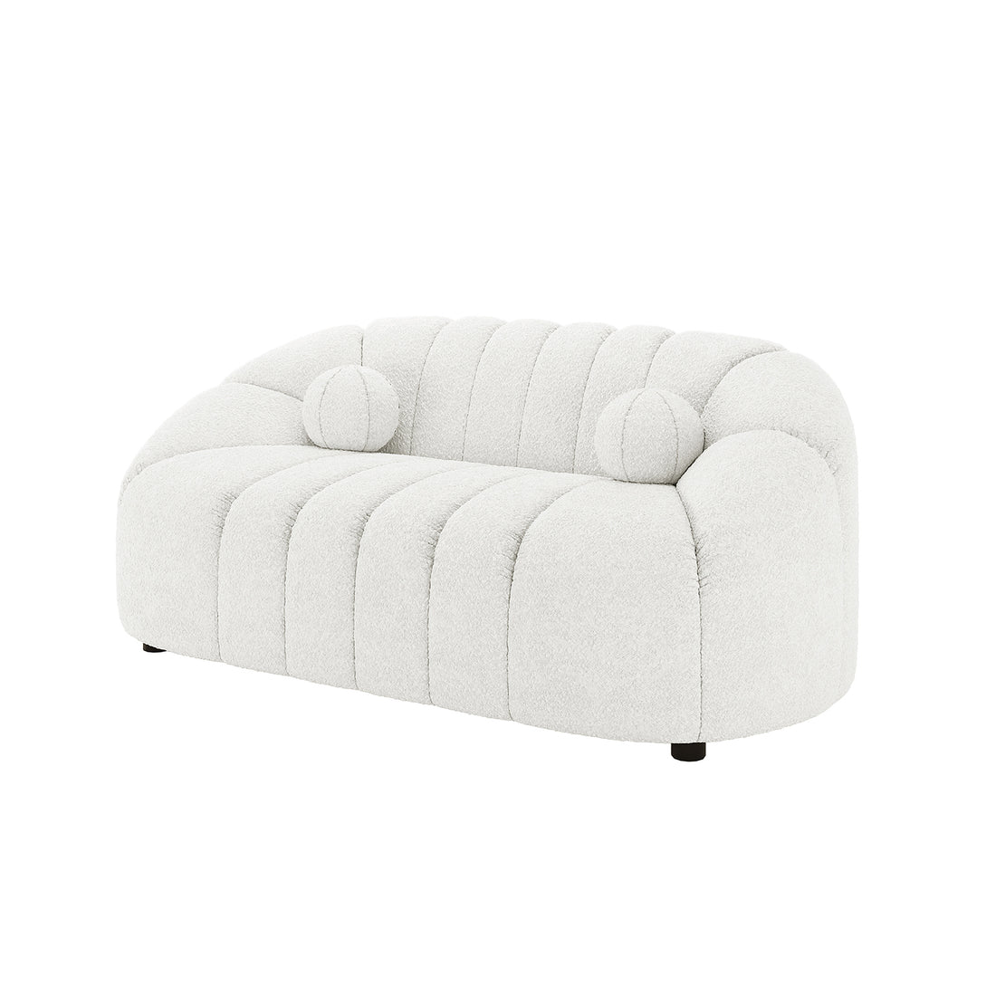 Trina 6 Seater Boucle Sofa Set with Pillows in Cream White features a modern design with a curved back, vertical tufting, and round bolster pillows, showcasing elegant boucle upholstery in a compact two-seater configuration.