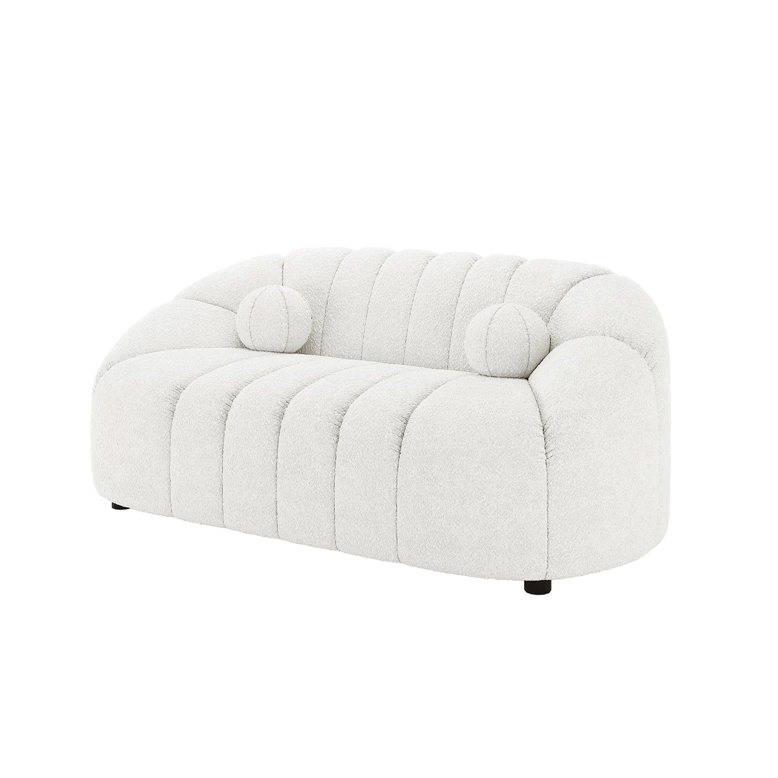 Trina 6 Seater Boucle Sofa Set with Pillows in Cream White features a modern design with a curved back, vertical tufting, and round bolster pillows, showcasing elegant boucle upholstery in a compact two-seater configuration.