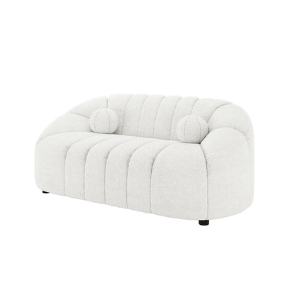 Trina 6 Seater Boucle Sofa Set with Pillows in Cream White features a modern design with a curved back, vertical tufting, and round bolster pillows, showcasing elegant boucle upholstery in a compact two-seater configuration.