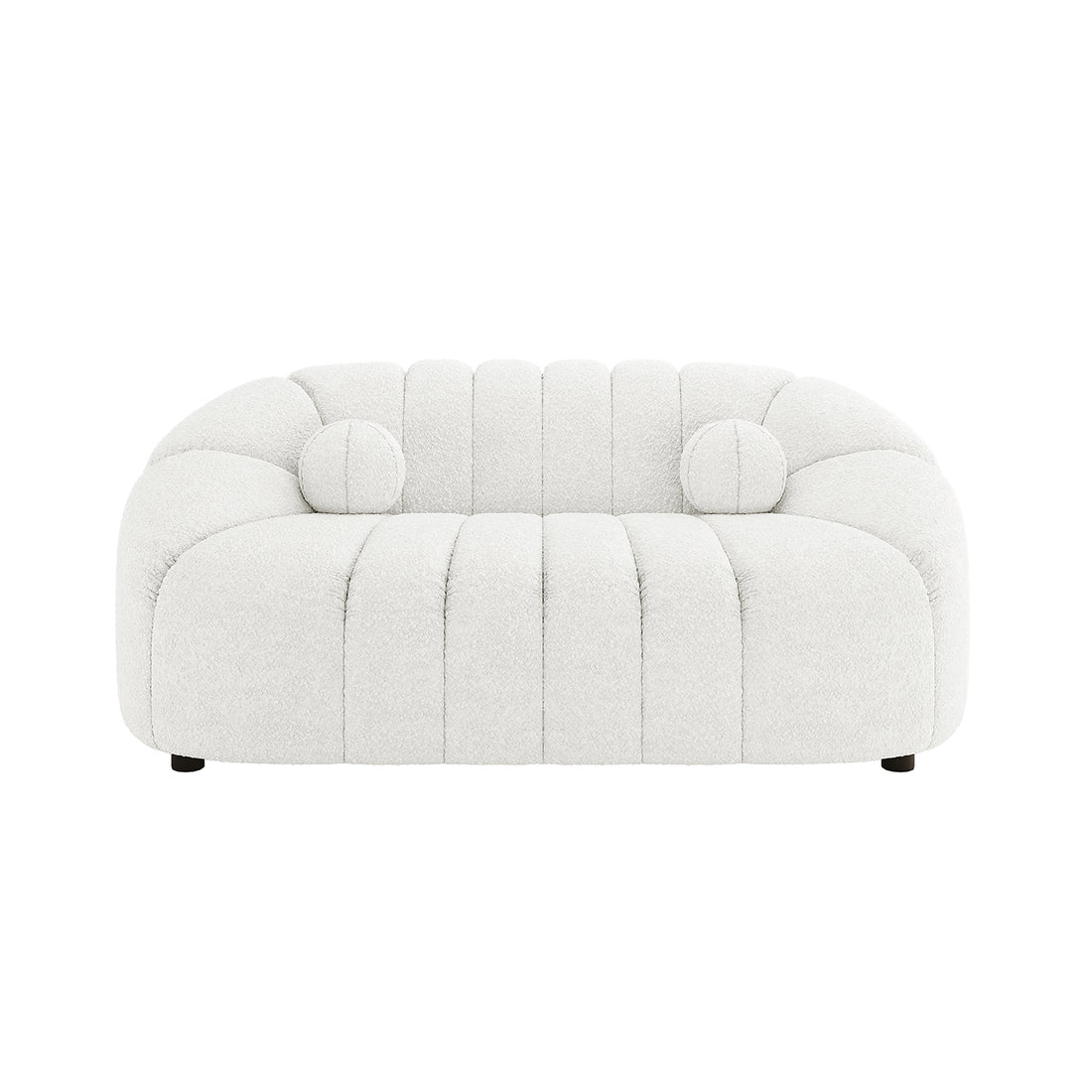 Trina 6 Seater Boucle Sofa Set with Pillows in Cream White features a modern two-seat loveseat in soft bouclé fabric, with curved back and arms, channel tufting, and matching bolster pillows.