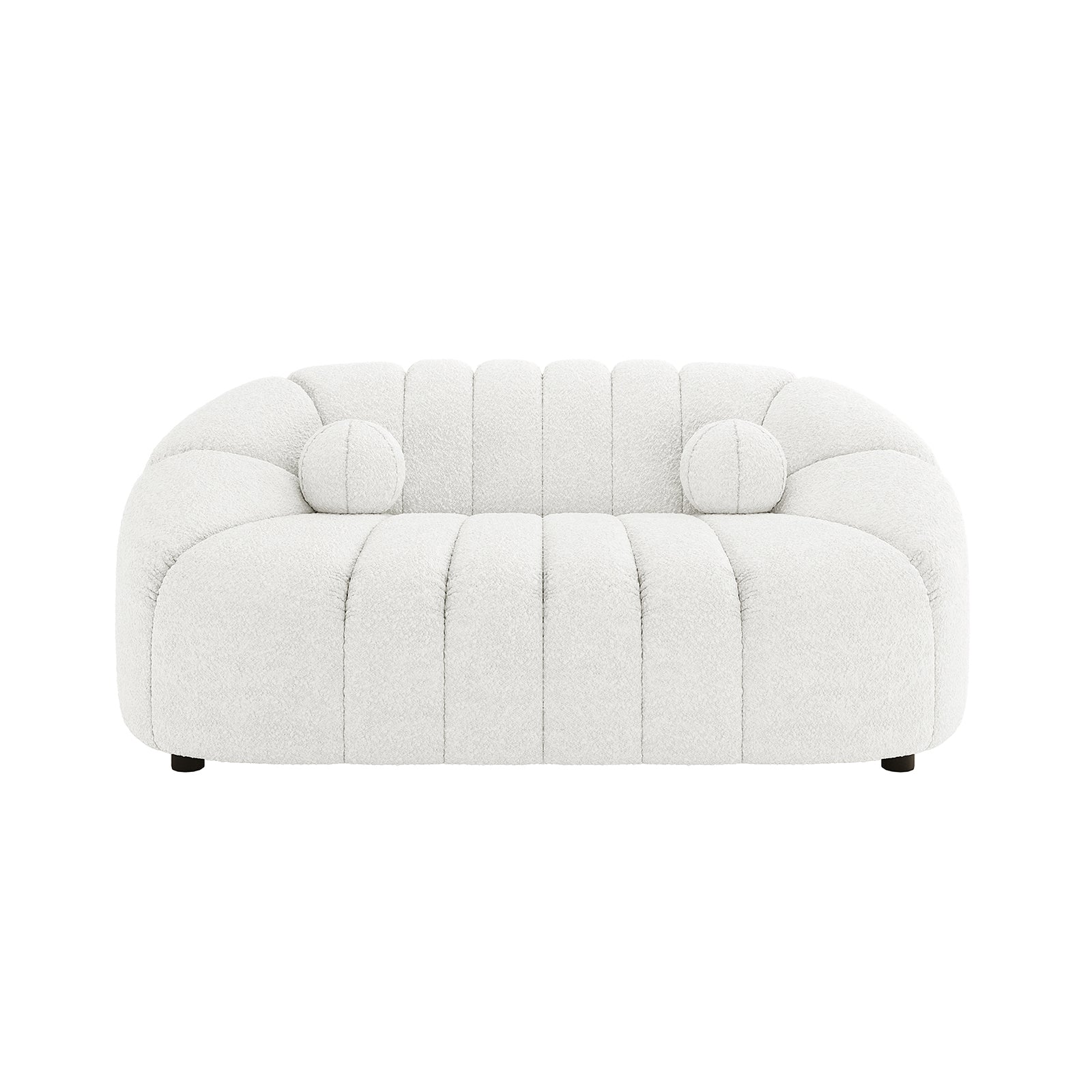 Trina 6 Seater Boucle Sofa Set with Pillows in Cream White features a modern two-seat loveseat in soft bouclé fabric, with curved back and arms, channel tufting, and matching bolster pillows.
