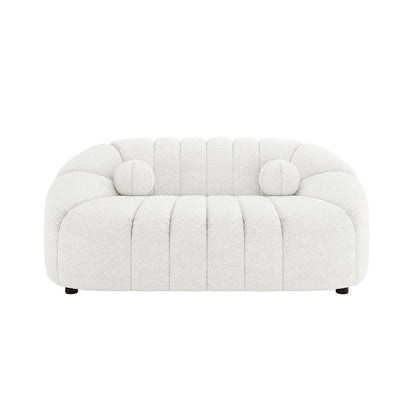 Trina 6 Seater Boucle Sofa Set with Pillows in Cream White features a modern two-seat loveseat in soft bouclé fabric, with curved back and arms, channel tufting, and matching bolster pillows.
