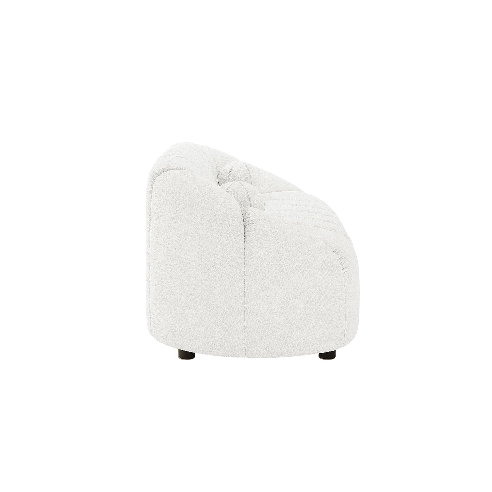 Trina 6 Seater Boucle Sofa Set with Pillows in Cream White features a low, rounded accent chair with tufted, curved backrest, deep seat cushion, and short black legs, exuding chic comfort and style.