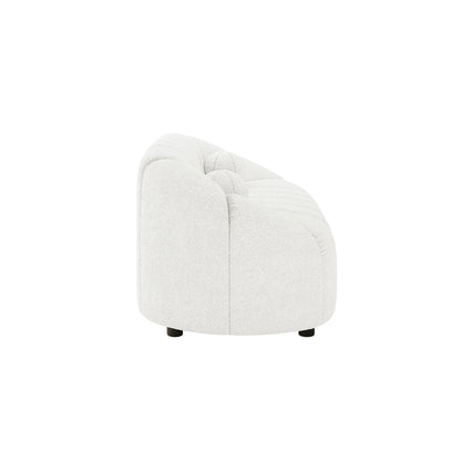 Trina 6 Seater Boucle Sofa Set with Pillows in Cream White features a low, rounded accent chair with tufted, curved backrest, deep seat cushion, and short black legs, exuding chic comfort and style.