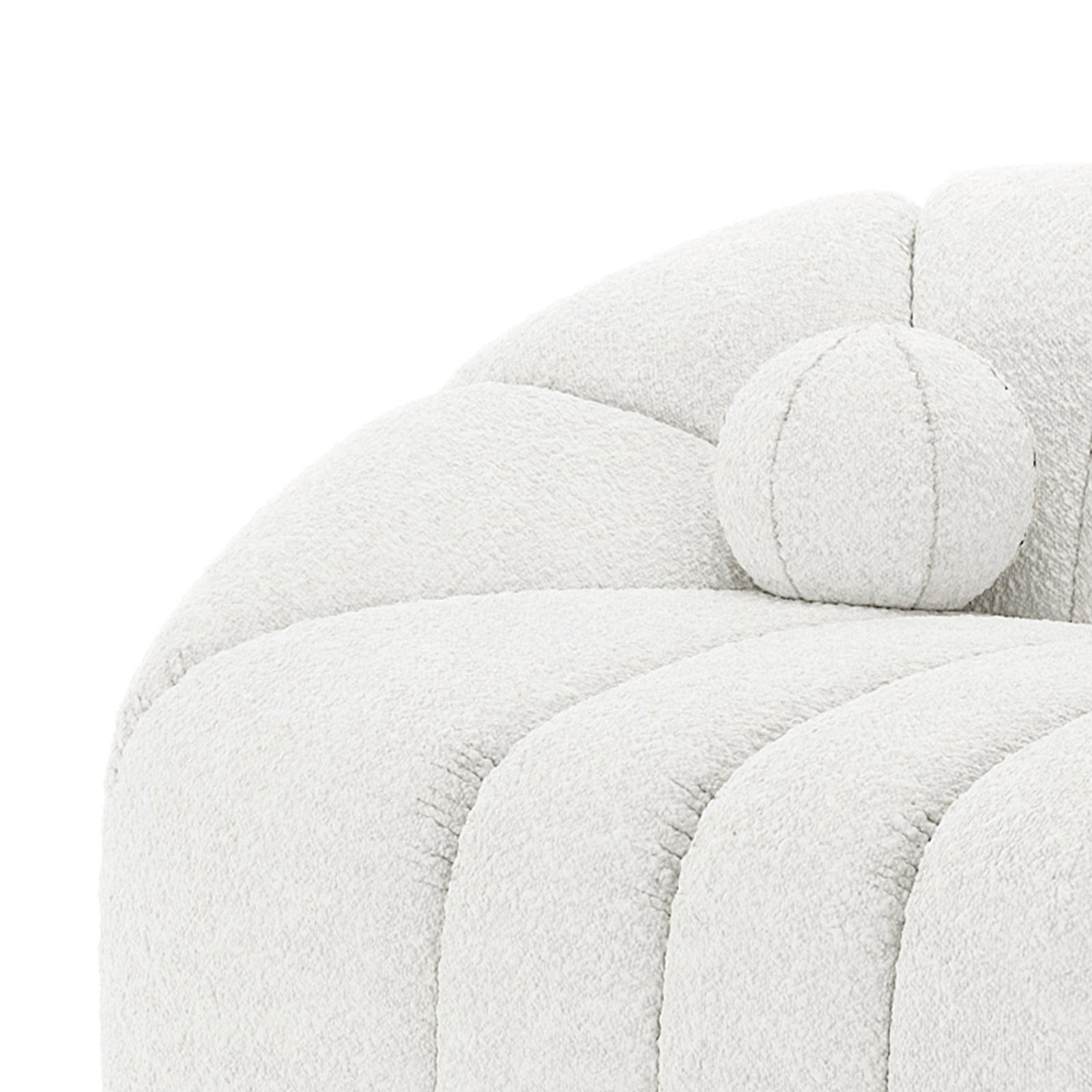 Trina 6 Seater Boucle Sofa Set with Pillows in Cream White, featuring a curved, channel-tufted design in soft bouclé fabric, complemented by a matching round bolster pillow for added comfort.