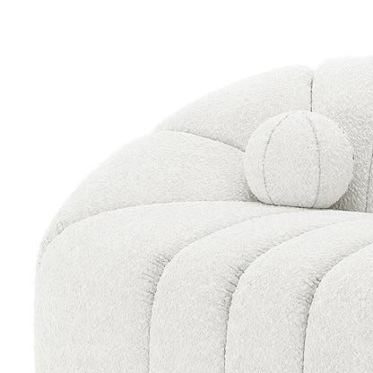 Trina 6 Seater Boucle Sofa Set with Pillows in Cream White, featuring a curved, channel-tufted design in soft bouclé fabric, complemented by a matching round bolster pillow for added comfort.