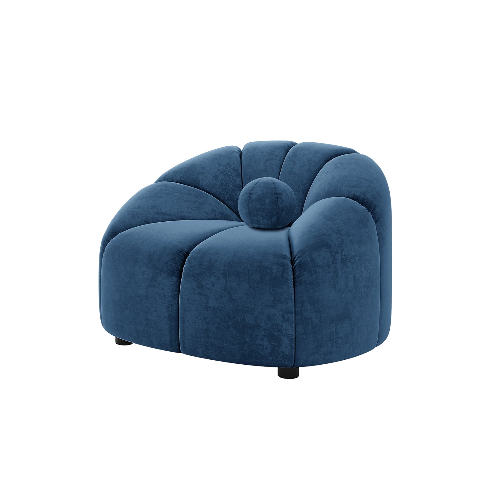 Trina Single Velvet Tufted Accent Chair in Blue, featuring plush velvet upholstery with petal-style segments, a round bolster cushion, and sleek black feet for a sophisticated, cocoon-like seating experience.