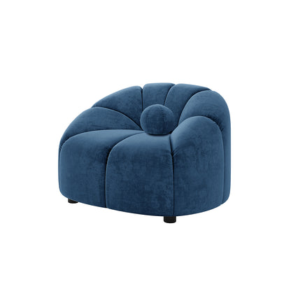 Trina Single Velvet Tufted Accent Chair in Blue, featuring plush velvet upholstery with petal-style segments, a round bolster cushion, and sleek black feet for a sophisticated, cocoon-like seating experience.
