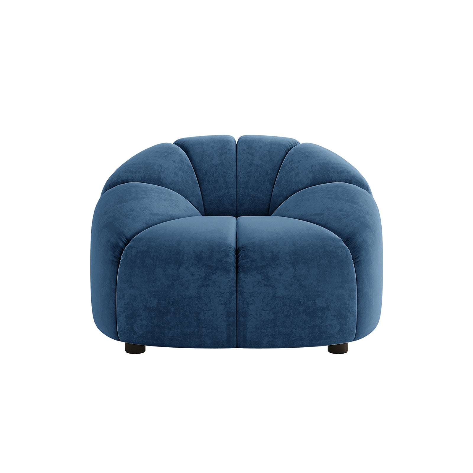 Trina Single Velvet Tufted Accent Chair in Blue, featuring plush upholstery with petal-like segmented cushions and a gently curved silhouette, resting on small black feet for a modern, cozy look.