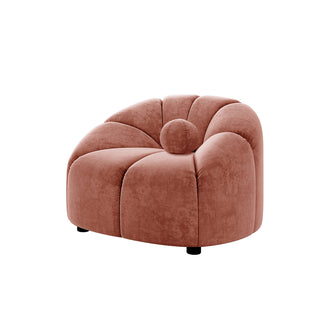 Trina Velvet Sofa Chair with Ball Pillow in Blush, featuring plush dusty-rose velvet, quarter-circle petal-like cushioning, and a matching bolster pillow, ideal as a modern living room accent piece.