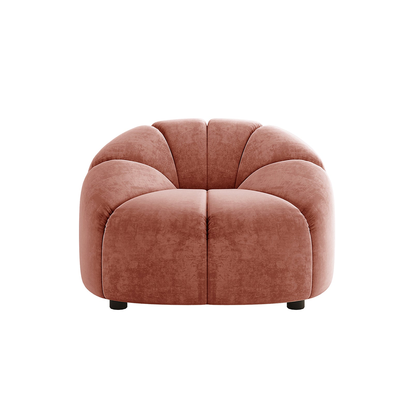 Trina Velvet Sofa Chair with Ball Pillow in Blush features a plush, petal-like design with soft velvet upholstery, accentuated by a matching ball pillow. Its low profile and modern elegance enhance any decor.