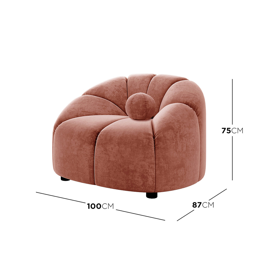 Trina Velvet Sofa Chair with Ball Pillow in Blush, featuring petal-like cushioned design in muted rose velvet, black cylindrical feet, and central round bolster cushion, measuring 100cm wide, 87cm deep, 75cm tall.