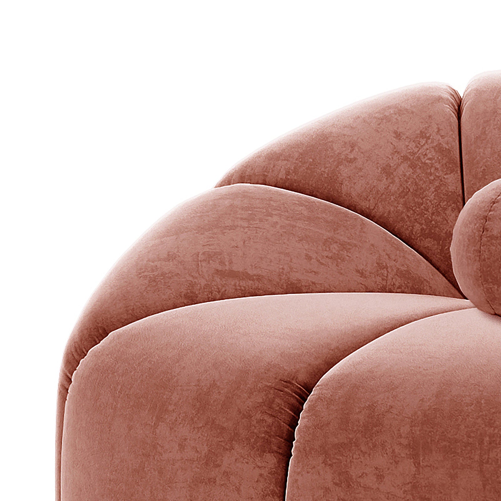 Close-up of the Trina Velvet Sofa Chair with Ball Pillow in Blush, showcasing its softly tufted, scalloped cushion design with velvet upholstery, highlighting its luxurious and modern appeal.