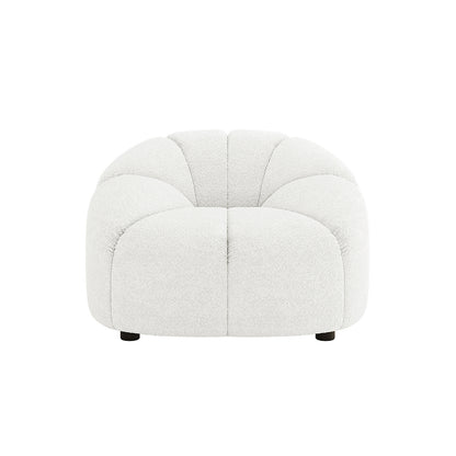 Trina Boucle Sofa Chair with Ball Pillow features a sleek white design with black legs, armrests, and a tufted ball pillow, showcasing modern elegance and cosy boucle fabric upholstery.
