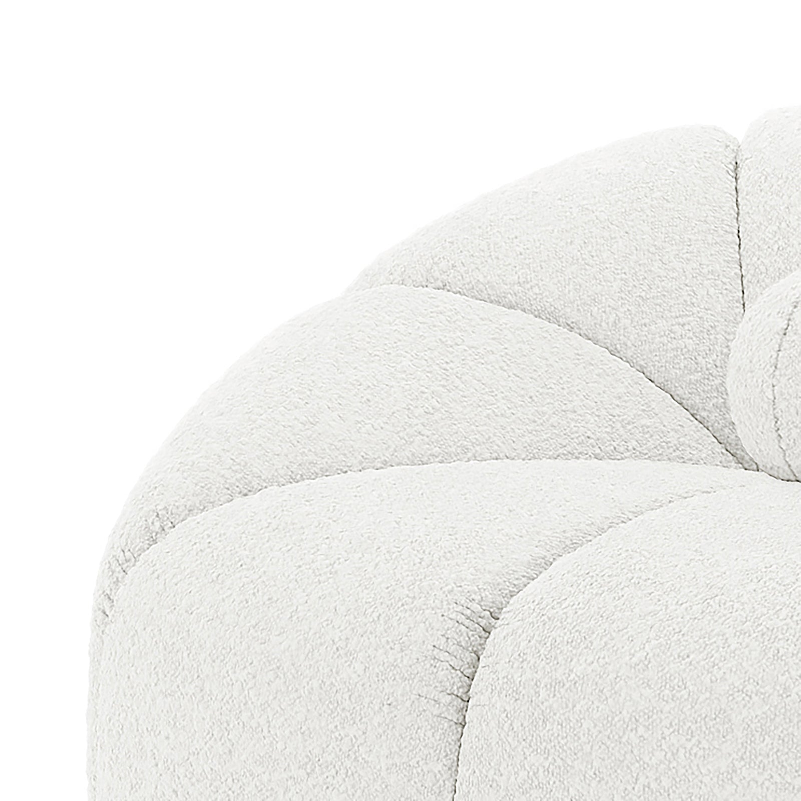 Trina Boucle Sofa Chair with Ball Pillow, featuring luxurious boucle upholstery, a sunflower tufted design, and a matching tufted ball pillow, highlighted in a modern, elegant style.