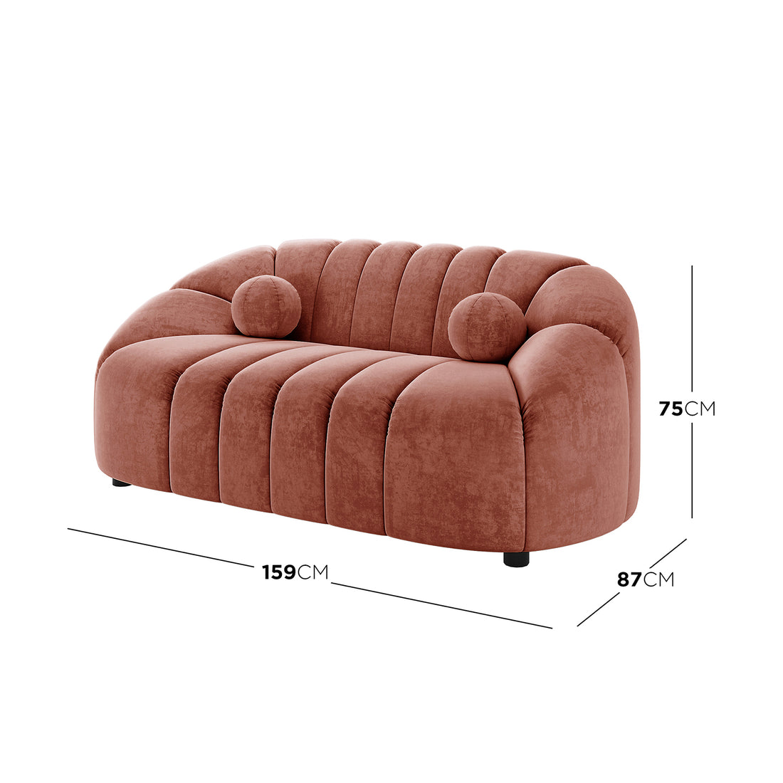 Trina 2 Seater Tufted Curved Velvet Sofa in Blush, featuring plush terracotta velvet, channel-tufted backrest, two round bolster cushions, and compact dimensions: 159 cm wide, 87 cm deep, 75 cm tall.
